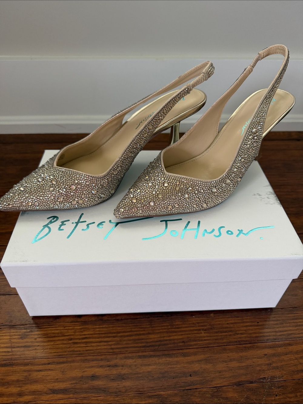 Betsey Johnson Pale Gold Crystal-Embellished Slingback Pumps
